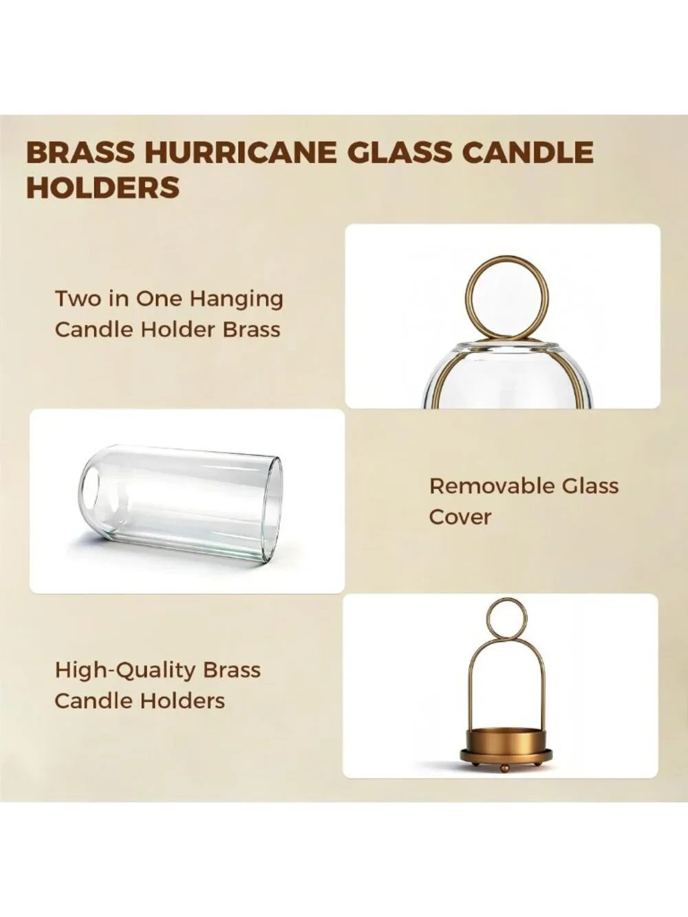 Set of 2 Hurricane Glass Candle Holders - Brass Hanging Pillar Candle Decor